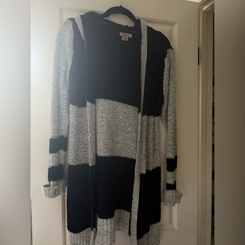 Black and Gray Boucle Women's Duster Open Cardigan Hooded Sweater